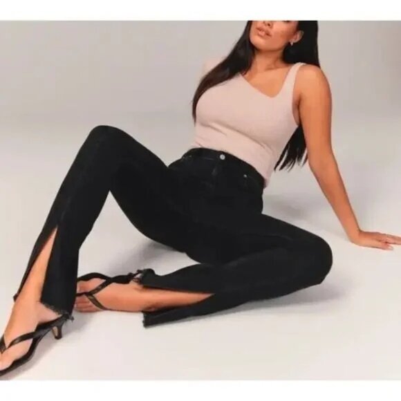 Abercrombie & Fitch Jeans Womens 29/8 Black The Skinny High Rise Raw Split Hem - Picture 1 of 7